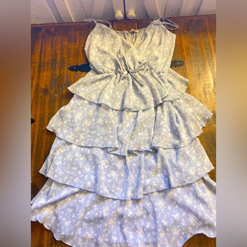 Light,girly dress, crossed v-neckline, size 7/8 , Pastel blue with white flowers